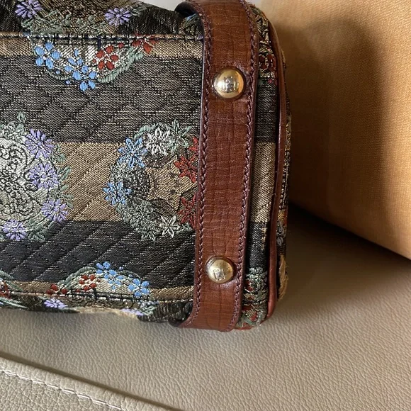 FENDI EUC TOBACCO PEQUIN STRIPES FABRIC AND LEATHER MAGIC SHOULDER BAG RARE FIND - Picture 9 of 17